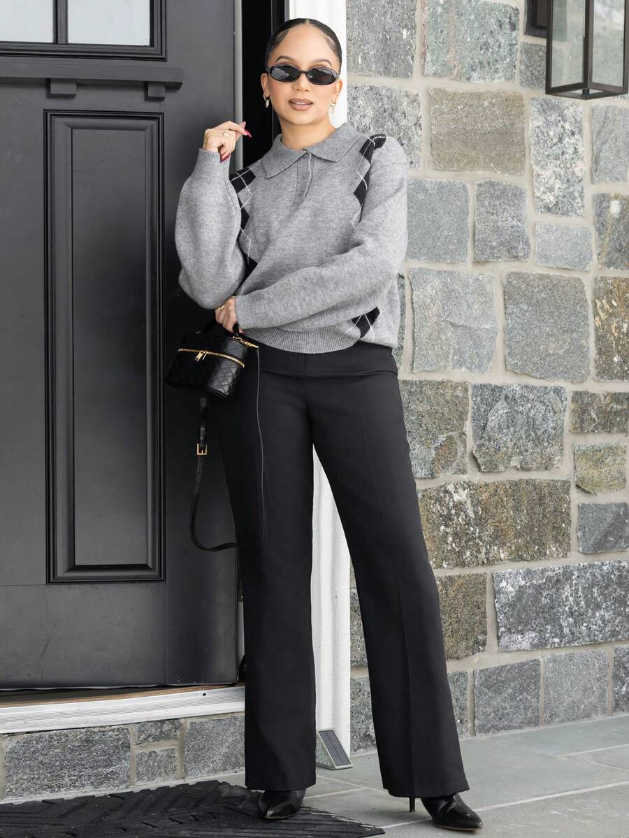 Melissa Matos 女士秋季宽松针织毛衣，翻领，菱形图案 - 灰色 - 查看 1