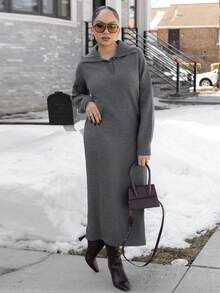 Melissa Matos 女士宽松休闲灰色Polo领针织连衣裙，秋冬毛衣裙 - 灰色 - 查看 1