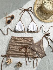 Swim Mod Swimsuits For Woman Shell Decor Halter Bra & Swim Bottom & Cover Up Skirt Bikini Set, Summer Beach Bathing Suit - Brown - View 2