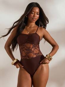 Women's Vacation Contrast Lace Ruffle Sexy One-Piece Swimsuit Summer Beach - Brown - View 7
