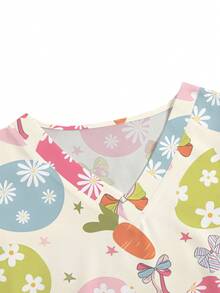 PopScrub 女士V领短袖双口袋蛋纹印花上衣，医生工作服/体检手术服 - 米色 - 查看 3