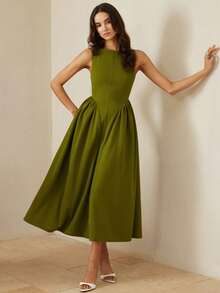 Aveloria Rosie French Retro Minimalist Generous Elegant Elegant Women's Daily Commute Off Shoulder Waist Cinching Pleated Flared Dress, Sleeveless - Army Green - View 3