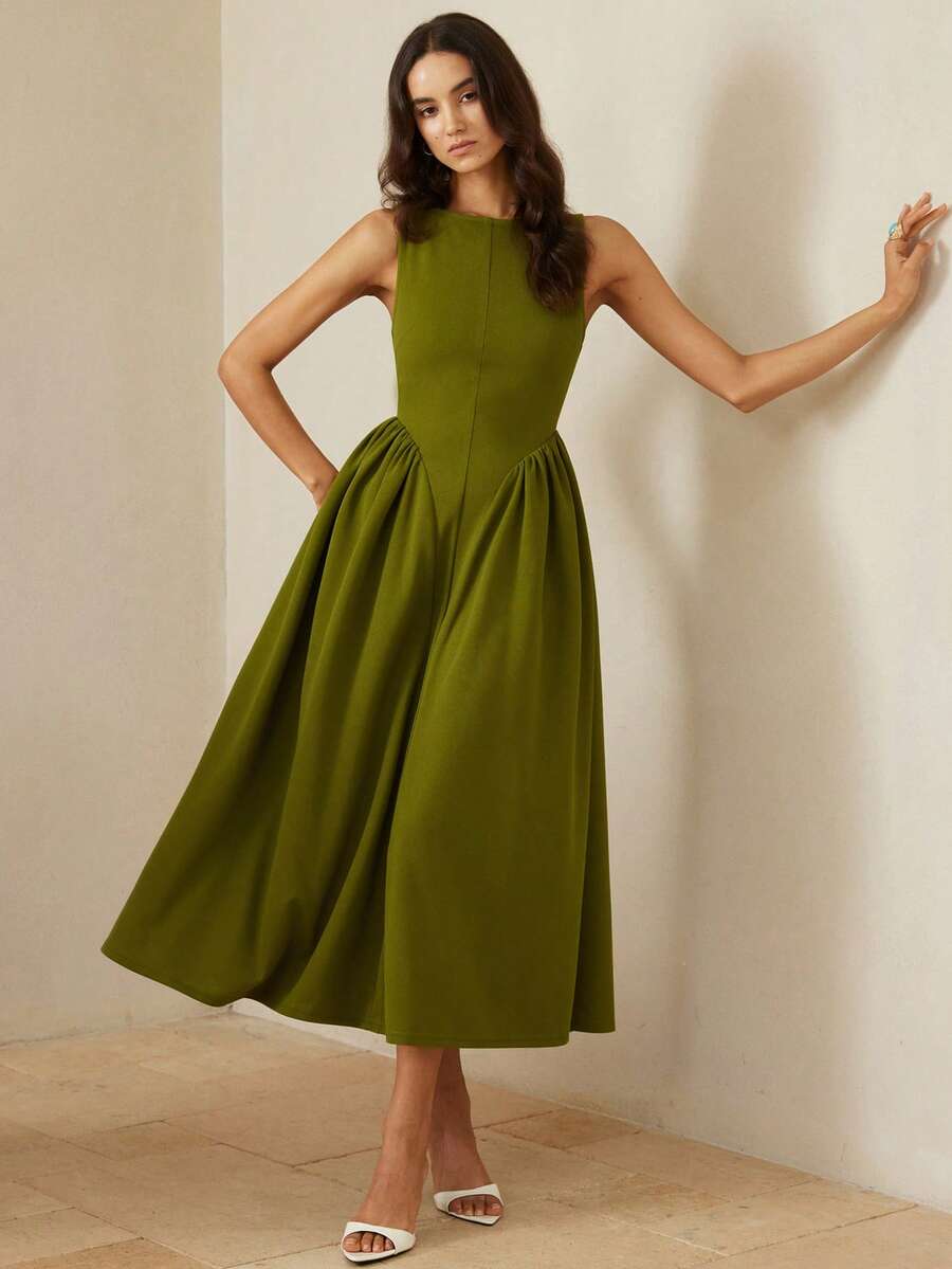 Aveloria Rosie French Retro Minimalist Generous Elegant Elegant Women's Daily Commute Off Shoulder Waist Cinching Pleated Flared Dress, Sleeveless - Army Green - View 1
