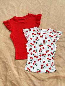 Soleia WYWH 度假风荷叶边罗纹白色针织T恤，两件套，含樱桃纯色T恤，波西米亚风，浪漫花卉图案，适合度假、派对、约会、情人节、复活节、狂欢节、下午茶、海滩、邮轮、城市度假等场合。 - 彩色 - 查看 5