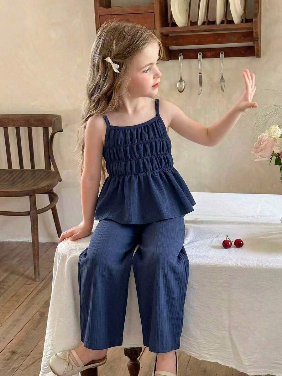 Vintaside Kids Bộ 2 món cho bé gái, gồm áo không tay in hoa và quần cùng màu, kiểu dáng ôm sát, phù hợp cho dã ngoại, thường ngày, thể thao và tiệc tùng. - Màu xanh hải quân - Xem 1