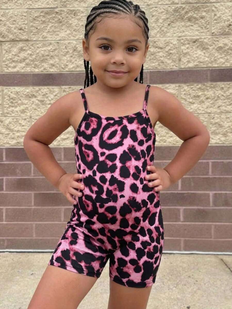 SHEIN Young Girl Leopard Print Knit Camisole Romper - Brown - View 1