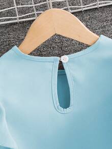 SHEIN Elladie kids Young Girl Minimalist Fashion Ruffle Trim Short Sleeve T-Shirt And Pants Set - Baby Blue - View 7
