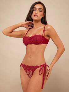 Silquee 女士纯色蕾丝拼布打结透明性感文胸和内裤内衣套装，2 件 - 酒紅色 - 查看 8
