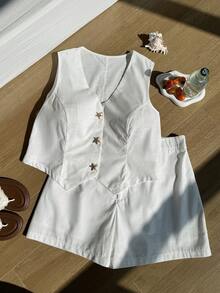 Comfortcana Plus Size Women Metal Starfish Button Vest And Shorts Casual Suit Set - White - View 3