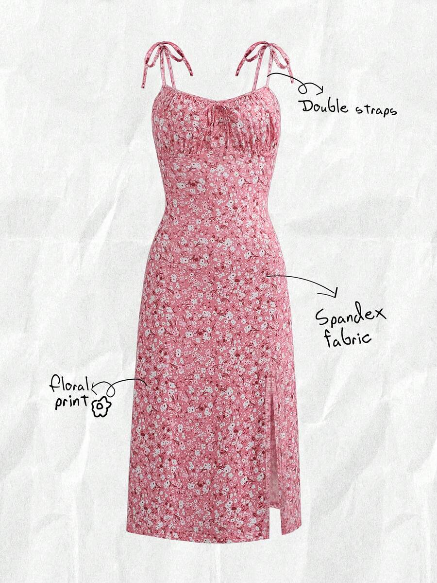 Olithes 女士夏季修身吊带碎花开衩连衣裙，度假沙滩装 - 粉色 - 查看 1