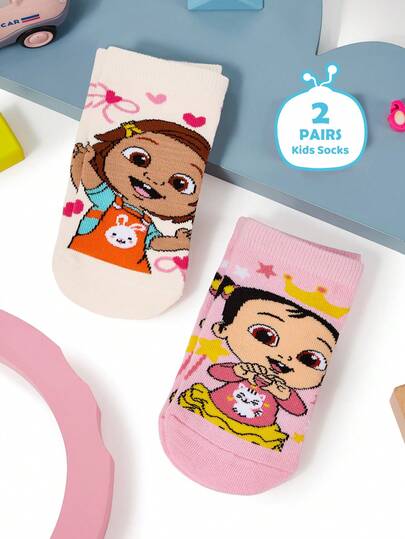 CoComelon X SHEIN 2 Pairs Girls Cotton Soft & Breathable Moisture-Wicking Toddlers & Kids Short Socks Pink&White Cute Cartoon Pattern Ankle Socks Reinforced Toe & Heel For Durability All Seasons All-Match School & Outdoor Summer Winter