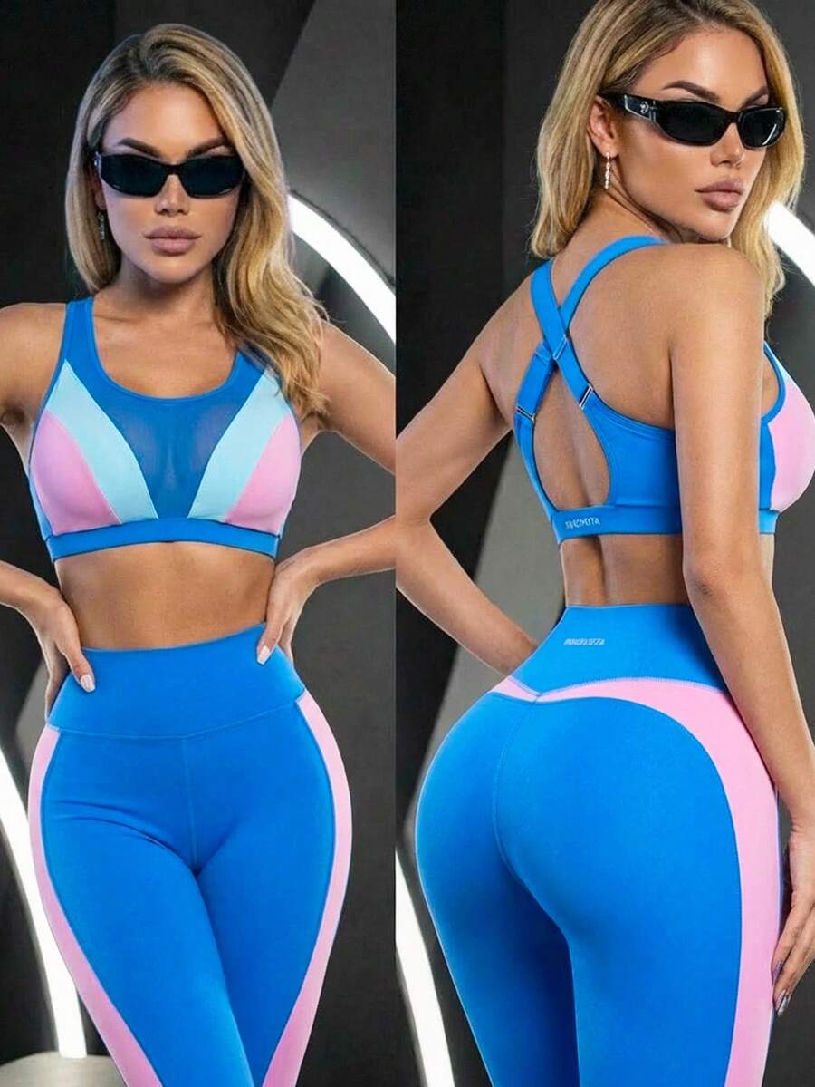 Innovista Bộ đồ đạp xe nữ gồm áo tank top hở lưng phối lưới tương phản màu sắc và quần legging cạp cao.