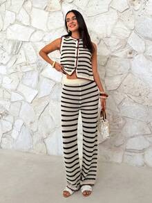 Firerie Women's Round Neck Contrast Trim Hollow Striped Sweater 2 Pieces Set, Spring/Summer - Apricot - View 3