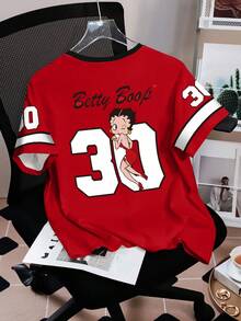 Betty Boop x SHEIN Áo thun ngắn tay in hình hoạt hình phong cách thường ngày dành cho nữ, thích hợp cho mùa hè. - trắng - Xem 2