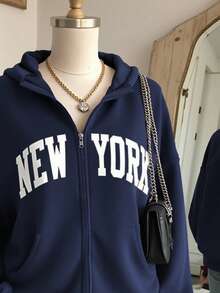 Lalippa Women's Letter Print Drop Shoulder Long Sleeve Zip Front Casual Sweatshirt, Autumn/Winter - Navy Blue - View 4