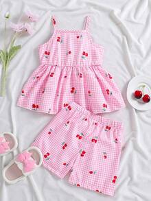 Elladie kids 两件套女童时尚数码印花背心，樱桃3D装饰，搭配松紧腰宽松短裤，适合夏季休闲、海滩、度假等场合。 - 粉色 - 查看 2