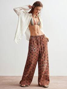 Bohemela 女士休闲舒适 Y2K 波西米亚风音乐节西部乡村复古水洗斜纹牛仔拼接波点宽松阔腿裤 - 卡其色 - 查看 8