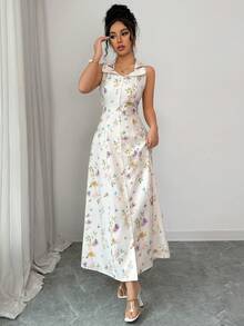 Elenzga 女士优雅度假碎花翻领开襟A字连衣裙，春夏款 - 彩色 - 查看 6