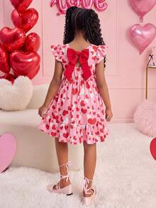 SHEIN Tween Girl Pink Summer Cute Birthday Y2K Heart Print Backless Bow Tie Chiffon Flutter Sleeve Dress,Valentine's Day Mother-Daughter Matching Vacation - Baby Pink - View 3