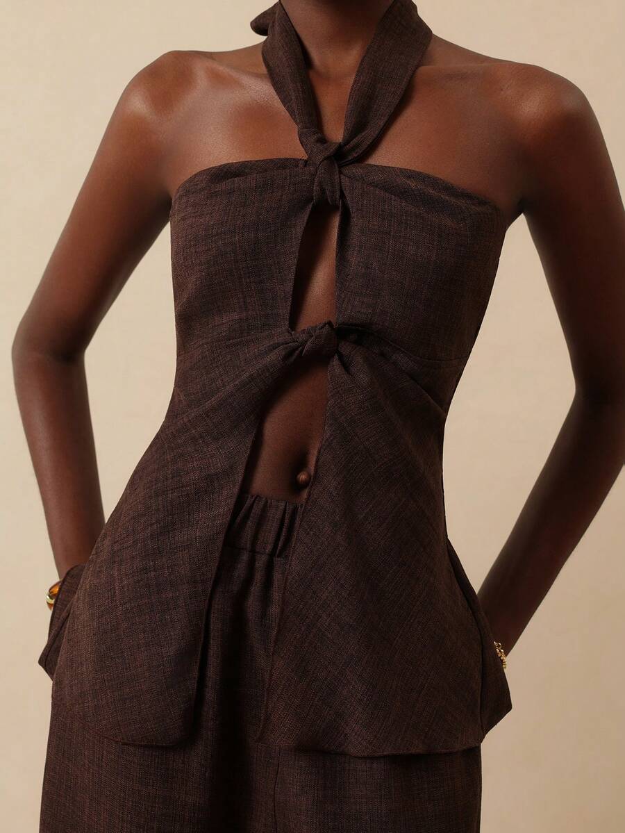 Vesra 女士休闲无袖上衣和长裤两件套 - 棕色 - 查看 1