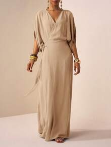 Zivah 2026春夏新款V领短袖腰部系带金属装饰开衩亚麻长裙，黄绿色，适合音乐节、复活节、圣帕特里克节、情人节、约会、西部风情、游牧风、生日派对、毕业典礼、校园、日常穿着、休闲、度假、邮轮、海滩、日光浴、潮流、街头风、婚礼宾客、通勤、早午餐、机场、派对、假日郊游、办公室等场合。女士裹身连衣裙，适合办公室穿着。Ycv9w 女士连衣裙工作服折扣码。 - 杏色 - 查看 3