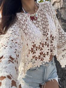 DAZY Damen Urlaubs-Strand einfarbiger durchbrochener Strickpullover Sommer Cover-Ups für Badebekleidung mit langen Ärmeln - Aprikosenfarben - Übersicht 3