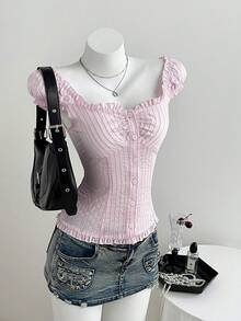 FavEase Camisa casual de rayas con volantes y ajustada para vacaciones para mujer, color rosa - Rosa - Ver 1