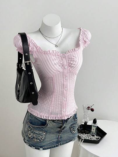 FavEase Women's Pink Ruffle Trim Fitted Casual Vacation Striped Shirt