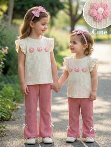 SHEIN LMoss Young Girl 2-Piece Set: Knitted Solid Color Ruffle Collar Top And Woven Ditsy Floral Loose Pants,Kids - Pink - View 2