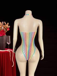 Women's Sexy Hollow Out Fishnet Sheer Halter Neck Sleeveless Bodysuit, Assorted Colors - Multicolor - View 6