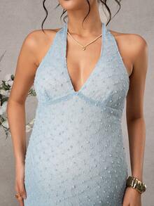 SHEIN Elegant Light Blue Textured Backless Halter Maternity Dress,Summer Pregnant Party Outfits,Solid Color Vacation Dresses For Women & Ladies - Blue - View 8