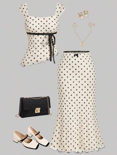 Girlism Teen Girl Summer Casual Vacation Knit Mesh Polka Dot Print Top And Fish Tail Skirt 2 Pieces Set
