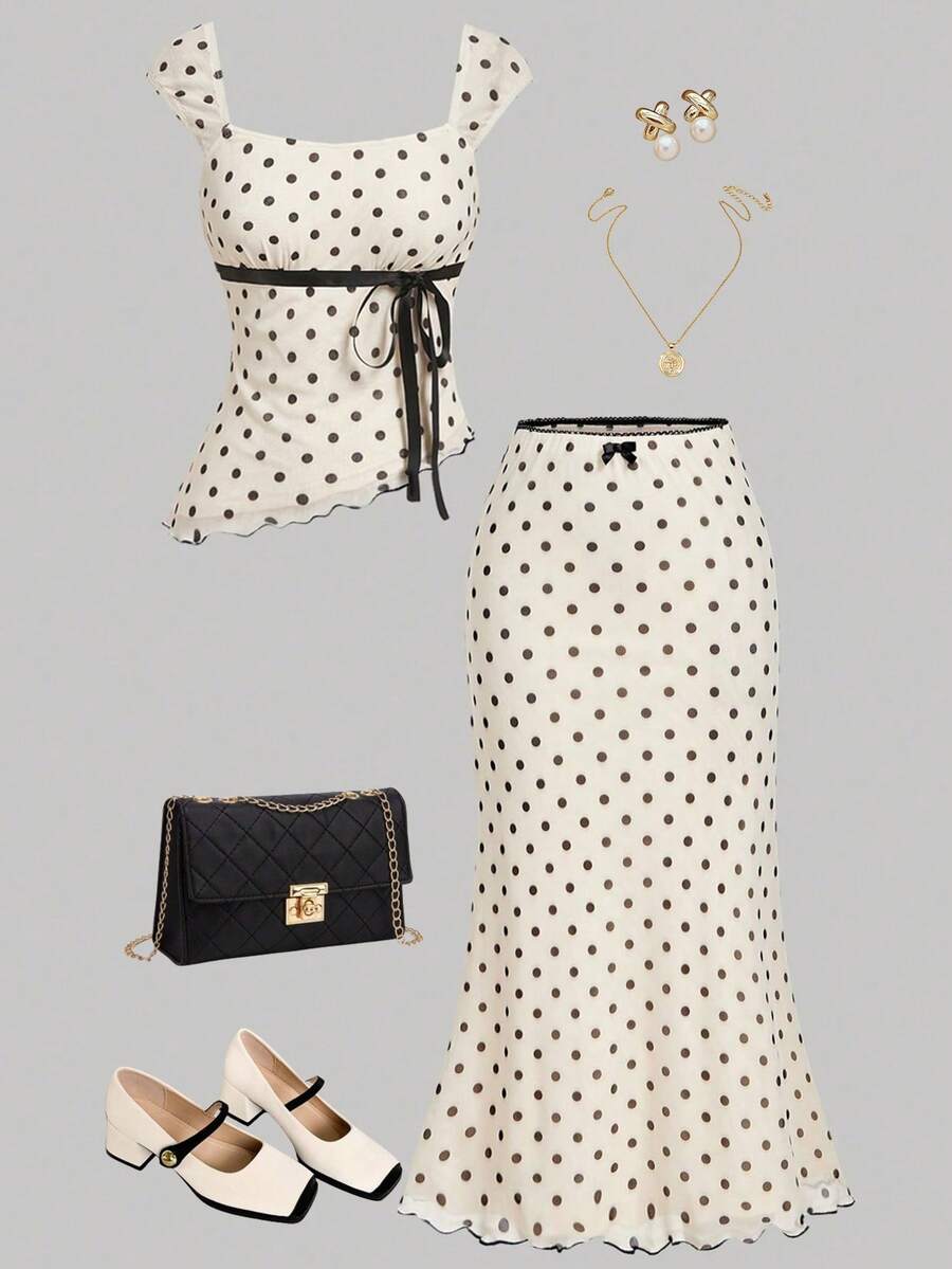 Girlism Teen Girl Summer Casual Vacation Knit Mesh Polka Dot Print Top And Fish Tail Skirt 2 Pieces Set, Polka Dot Set, Skirt Sets - Apricot - View 1