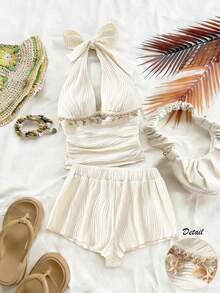 GlowEve Women's Cream White 2-Piece Set,Summer Elegant Tropical Vacation Holiday Wavy Striped Pleated Starfish & Shell Decor Spaghetti Strap Top & Shorts - Apricot - View 7
