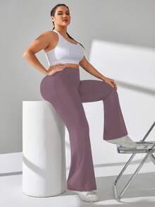 SHEIN Rhythm Era 大码女式高腰喇叭裤纯色运动裤 - Bold Plum - 查看 3