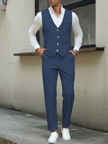 Manfinity Mode Men Business Formal Button Front Vest Suit Jacket And Tailored Pants And Men Vest Suit Clothing 2 Pieces Set - Navy Blue - View 3