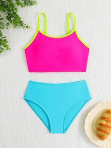 SHEIN 两件套少女比基尼泳衣套装，包括吊带露脐上衣（后背镂空花卉设计）和高腰泳裤，针织面料，时尚休闲，优雅大方，适合游泳、夏季度假、海滩、泳池、派对、休闲假期等场合。 - 彩色 - 查看 5