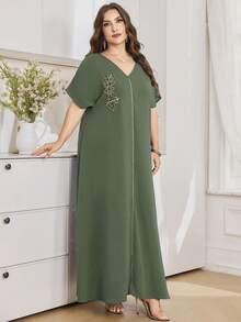Al Najma Vestido largo de manga corta de unicolor, talla grande, estilo turco y árabe para mujeres - Verde - Ver 3