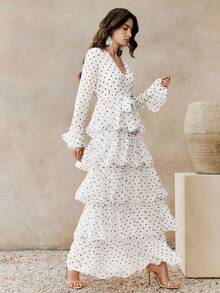Anewsta 春夏波点蝴蝶结腰部A字飘逸薄纱优雅连衣裙，适合派对、度假等场合 - 象牙白色 - 查看 7
