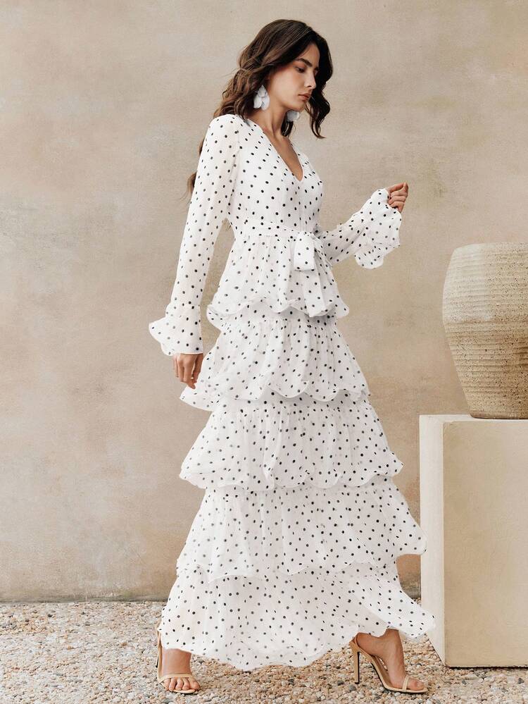 Anewsta Spring & Summer Polka Dot Bow Tie Waist Flared Flowy Sheer Elegant Dress, Suitable For Party, Vacation