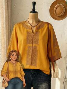 Rusticease Plus Size Women's Casual White Hollow Embroidery Blouse,Fall Clothes - Yellow - View 1