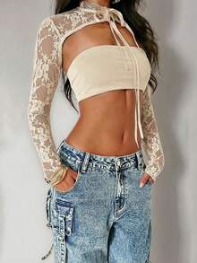 Jeanoix 女士蕾丝面料性感大胆前卫衬衫 - 杏色 - 查看 7