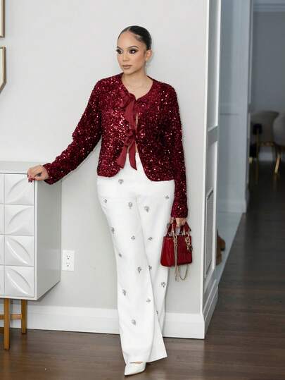 Melissa Matos 女士亮片系带派对衬衫，秋季闪亮上衣