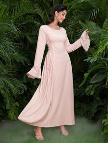 Al Najma Jacquard Splice Tie-Up Design Waist Cinching Round Neck Flare Sleeve Elegant Party Dress - Pink - View 6