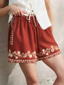 Airaco Pantalones cortos casuales de pierna ancha con cordón y estampado de monedas vintage, con un diseño elegante y estilizador - Óxido marrón - Ver 2