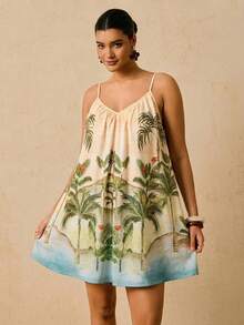 Travachic Plus Size Print Sleeveless Jumpsuit, Deep V-Neck Backless Tie Waist Colorful Retro Pattern Vacation Shorts For Women, New Arrival - Multicolor - View 3