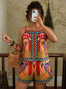 Travachic Plus Size Women Geometric Print Camisole Top And Casual Shorts 2 Pieces Set - Multicolor - View 1