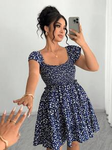Elenzga Plus Size Women's Navy Blue Ditsy Floral Square Neck Ruffle Sleeve Cinched Waist A-Line Dress,Summer Boho Vacation Holiday Fashion Prom Wedding Dress - Multicolor - View 1