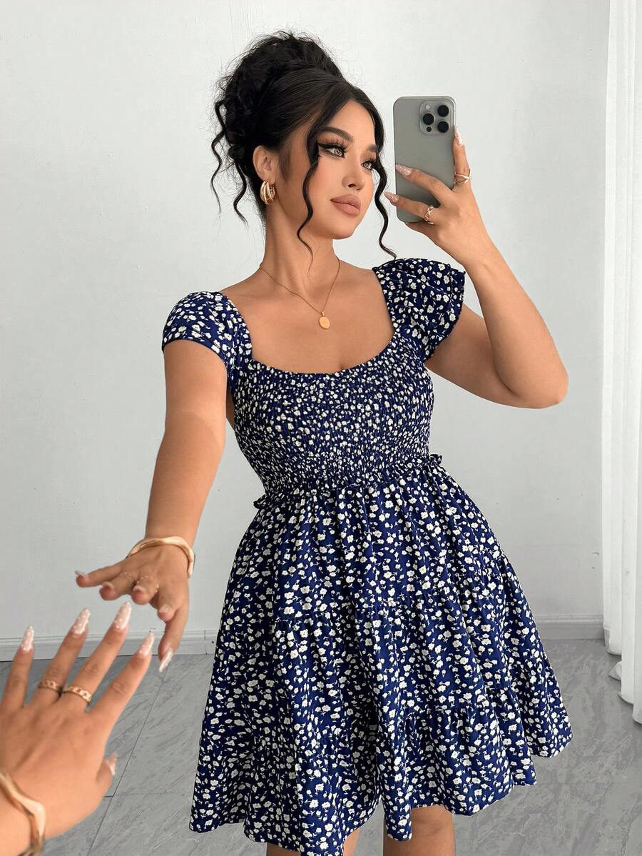 Elenzga Plus Size Women's Navy Blue Ditsy Floral Square Neck Ruffle Sleeve Cinched Waist A-Line Dress,Summer Boho Vacation Holiday Fashion Prom Wedding Dress - Multicolor - View 1