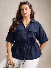 Comfylo Plus Size Women Drawstring Waist Short Sleeve Utility Pocket Loose Shirt - Navy Blue - View 9